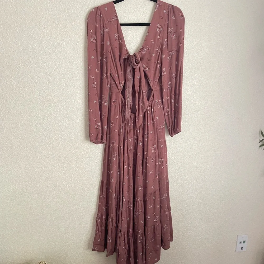 Dress Forum Floral Print Open Back Long Sleeve Tiered Maxi Dress M Rose - Picture 4 of 10